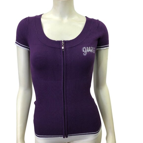 GUESS CAP SLEEVE FULL ZIP SWEATER TOP SM NWT - Picture 2 of 7
